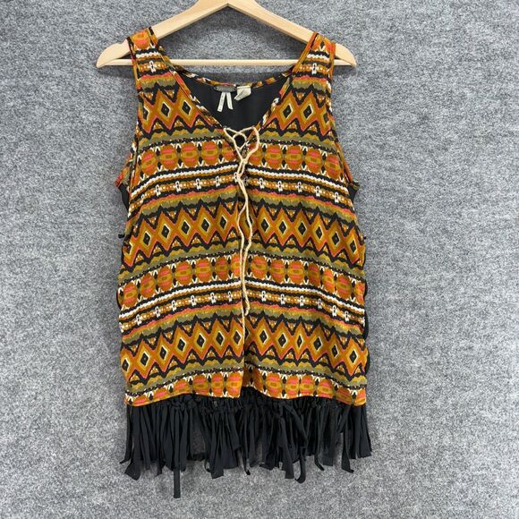 BKE Blouse Women M Medium Brown Geometric V-Neck Fringe Tasseled Sleeveless - Picture 1 of 6